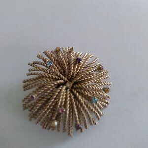 Gold Tone Round Brooch with Tiny Jewel Tone Stones